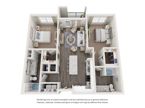Floor plan for 2 beds, 2 baths, 1121 sqft
